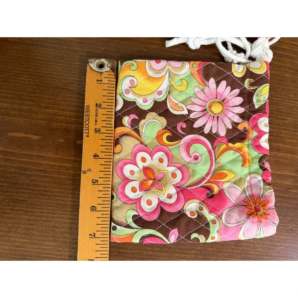 Quilted Floral Paisley Drawstring Pouch Set Retro Pink Orange Green 2pc Bag